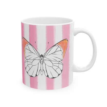 Butterfly Chroma Ceramic Mug in Orange with Pink Stripes, 11oz