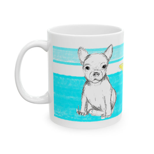 Mega Stripe Dogi Butterfly Flutter Ceramic Mug, (11oz, 15oz), Aqua Chihuahua