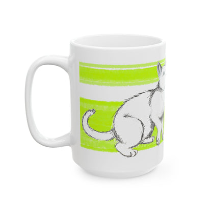 Mega Stripe Kitty Butterfly Flutter Ceramic Mug Lime