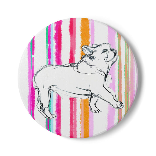 Dogi Fun Bulldog  Doggie Ceramic Coaster in Multi-stripes bright