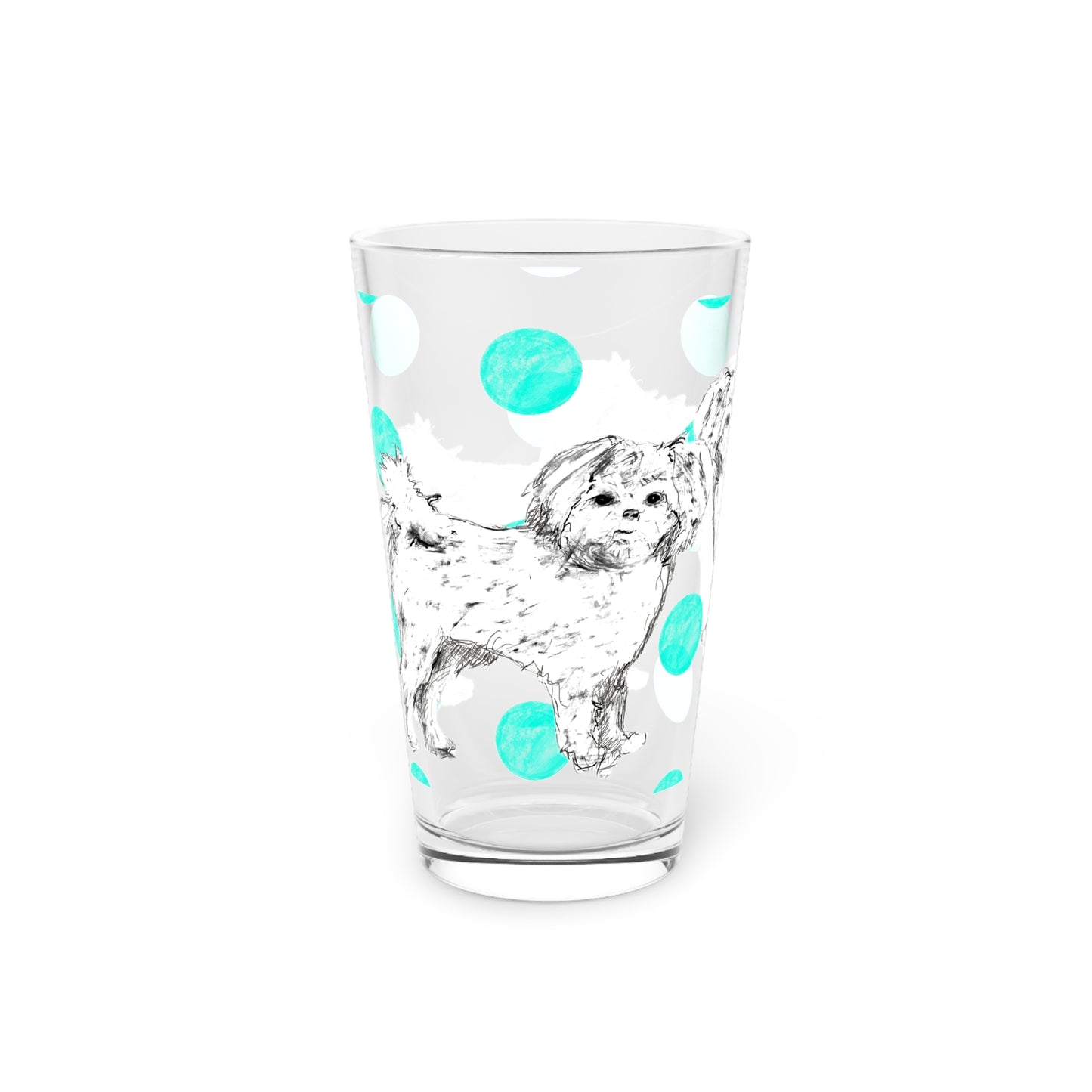 Dogi Fun and Polka Dots Pint Glass in Aqua, Shih Tzu, 16oz