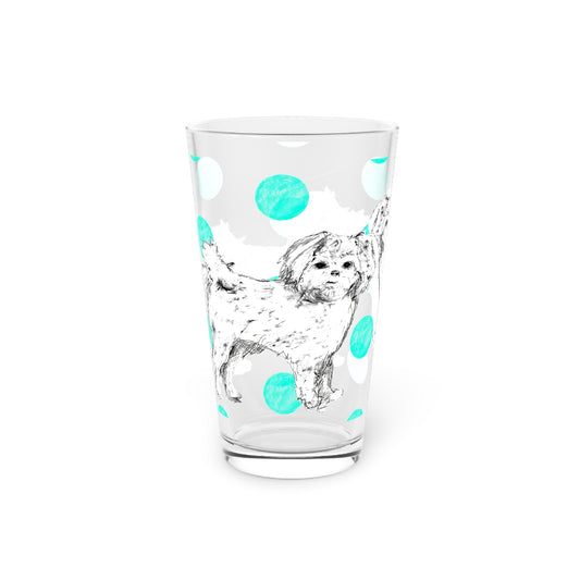 Dogi Fun and Polka Dots Pint Glass in Aqua, Shih Tzu, 16oz