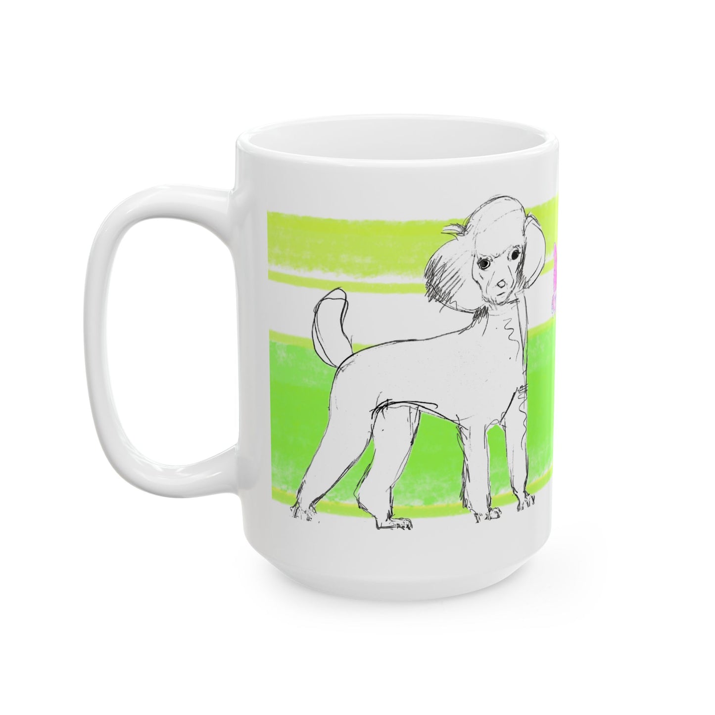 Mega Stripe Dogi Butterfly Flutter Ceramic Mug, (11oz, 15oz) Yellow Green Poodle