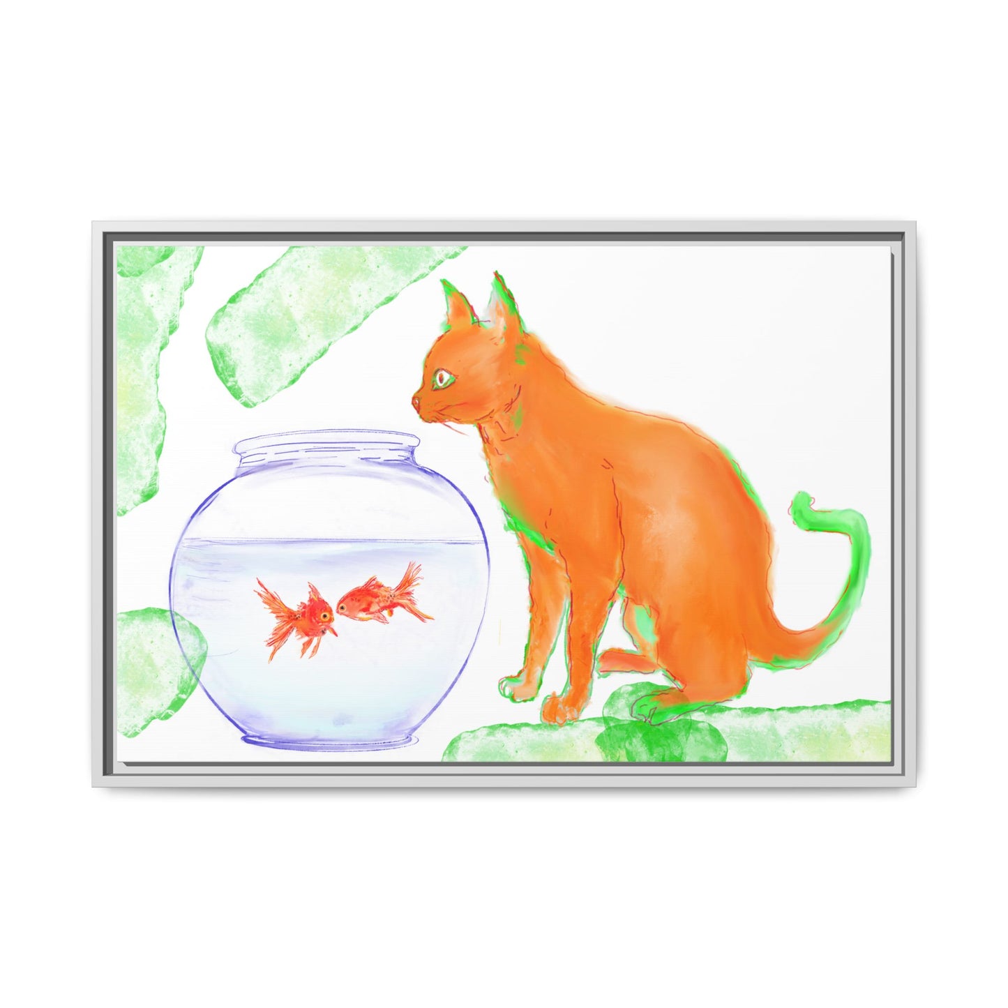 Colorful Cat and Fish Bowl Matte Canvas Framed white