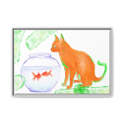 Colorful Cat and Fish Bowl Matte Canvas Framed white