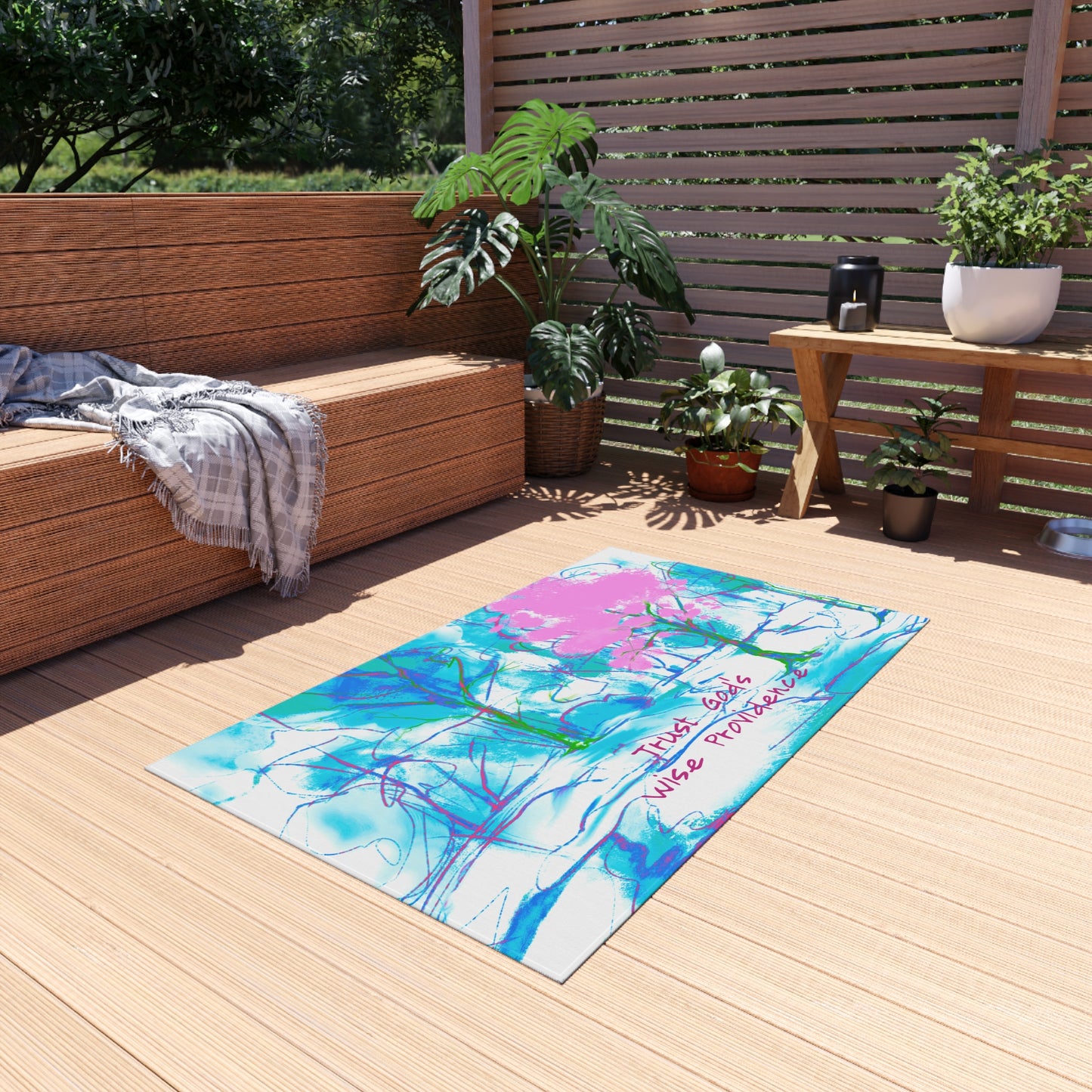 Inspirational Landscapes "Trust God's Providence" Indoor/Outdoor Rug in Blue and Pink Non-slip (36" x 24")