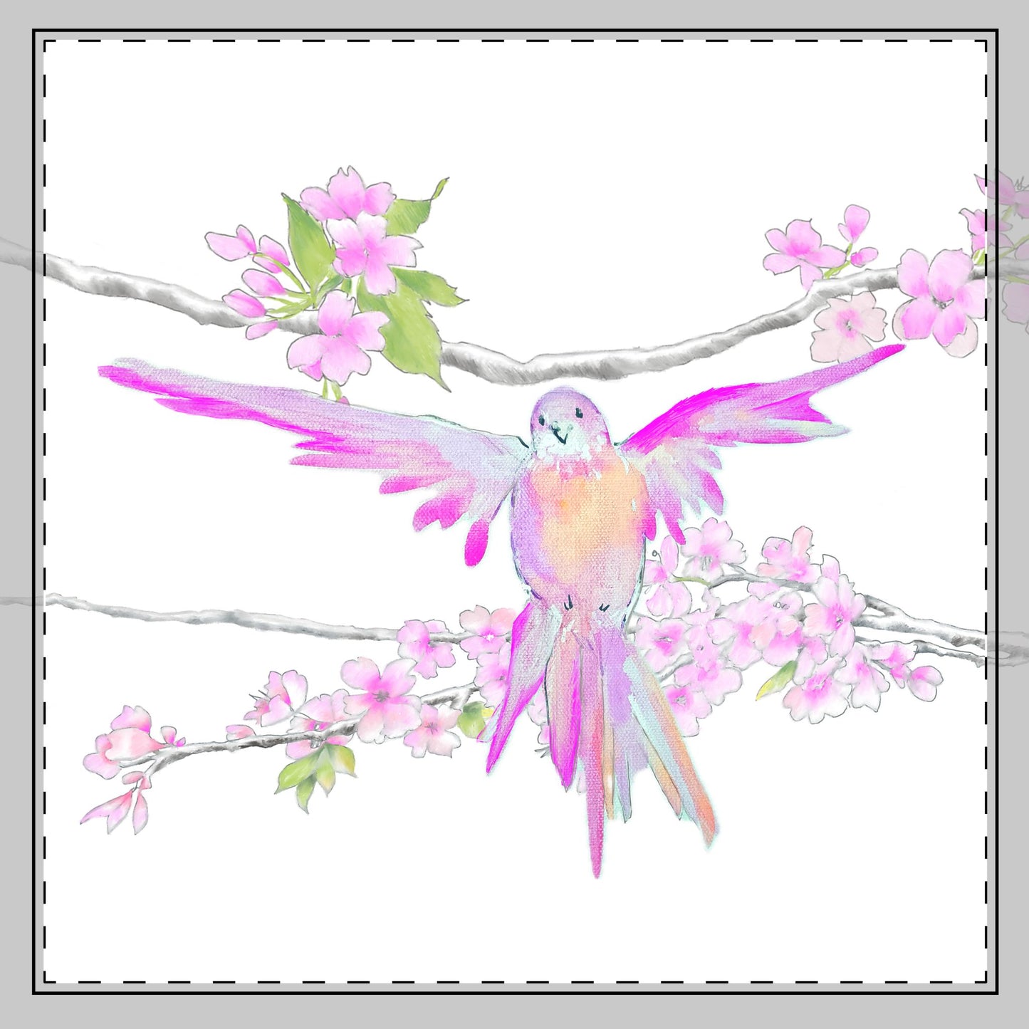 Blossoms & Birds in Pink Poly Twill Napkin , Background color Bright White