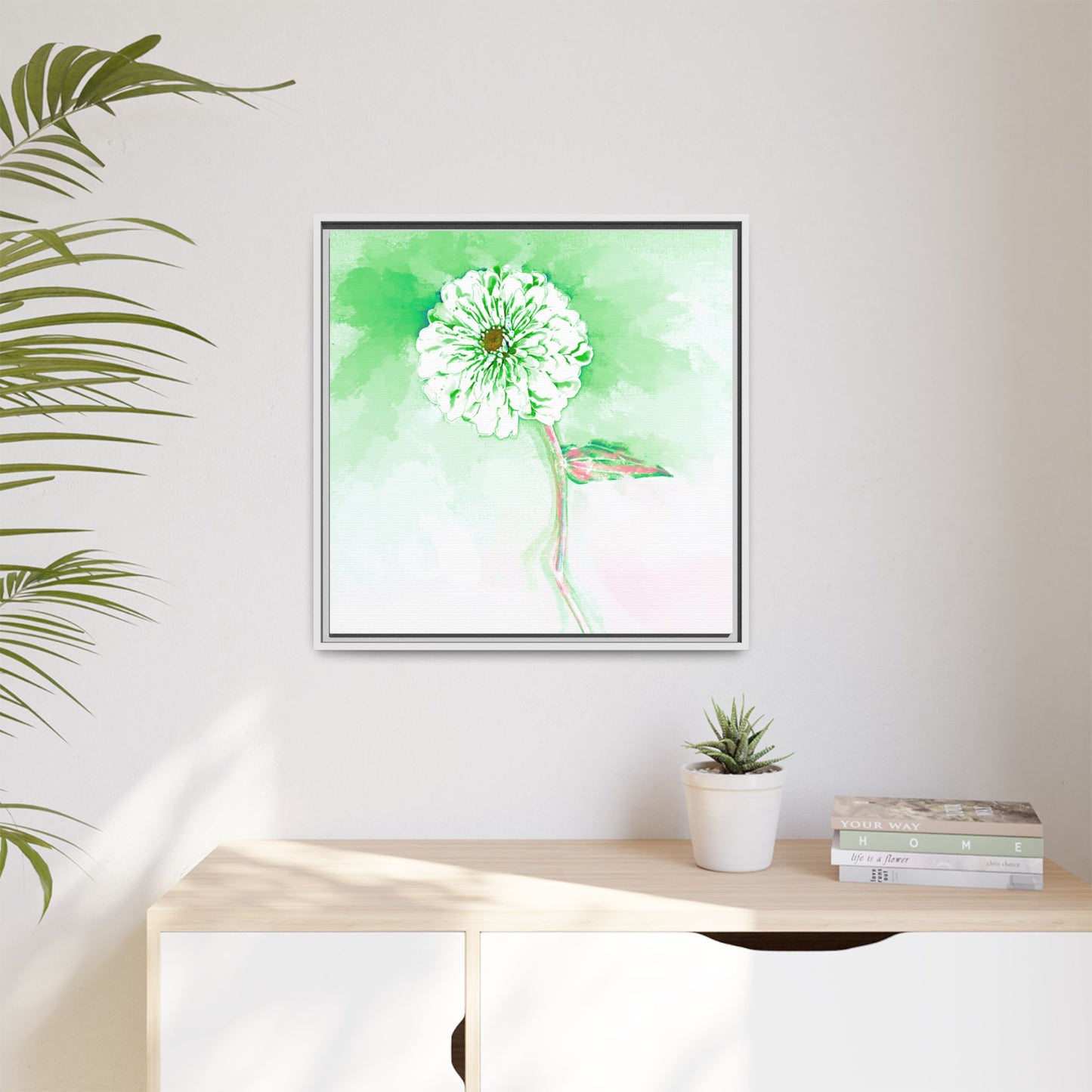 Zinnia Color Splash Matte Canvas Soft Green Framed