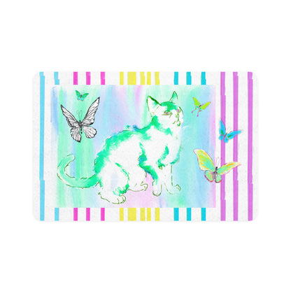 Kitty Flutter Pet Food Mat with Multi-Color Striped Border