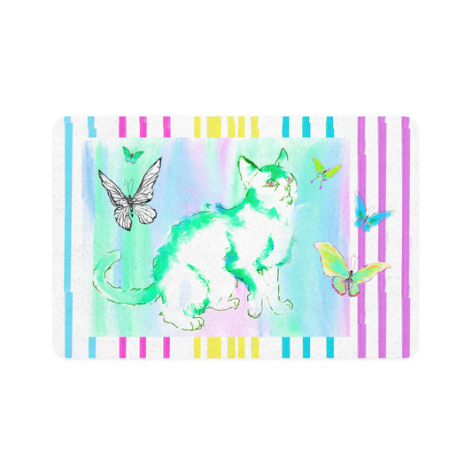 Kitty Flutter Pet Food Mat with Multi-Color Striped Border