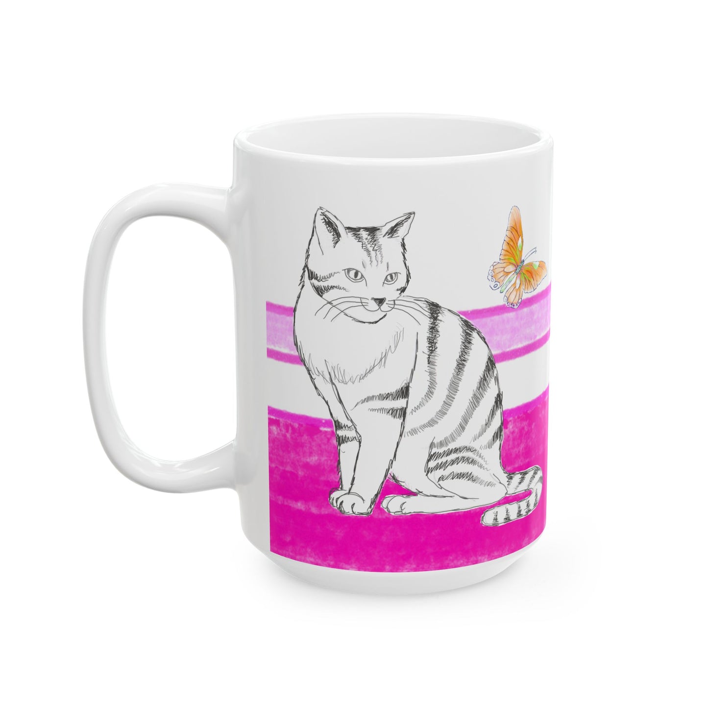 Mega Stripe Kitty Butterfly Flutter Ceramic Mug Raspberry Pink