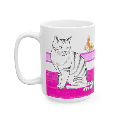 Mega Stripe Kitty Butterfly Flutter Ceramic Mug Raspberry Pink