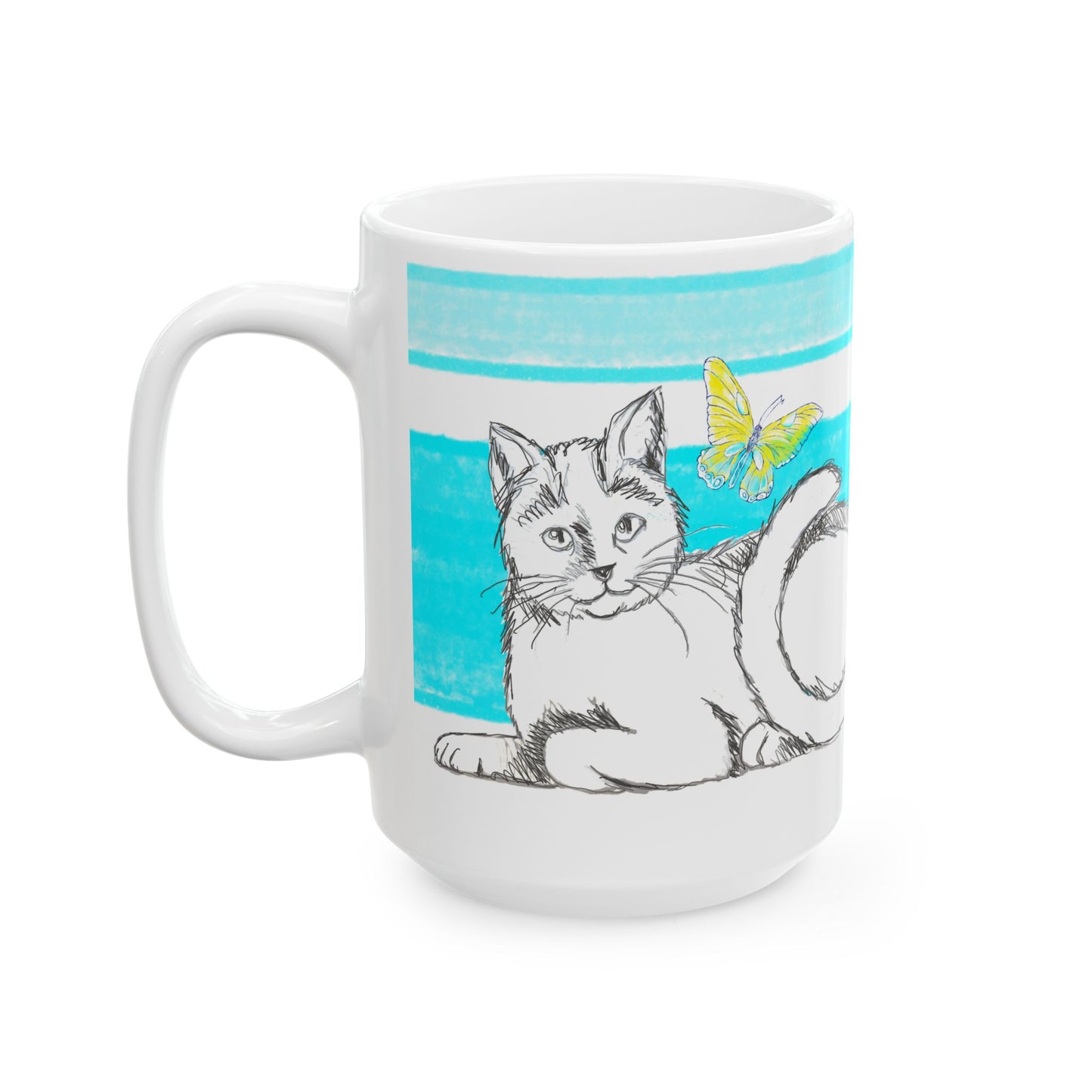 Mega Stripe Kitty Butterfly Flutter Ceramic Mug Aqua