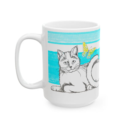 Mega Stripe Kitty Butterfly Flutter Ceramic Mug Aqua