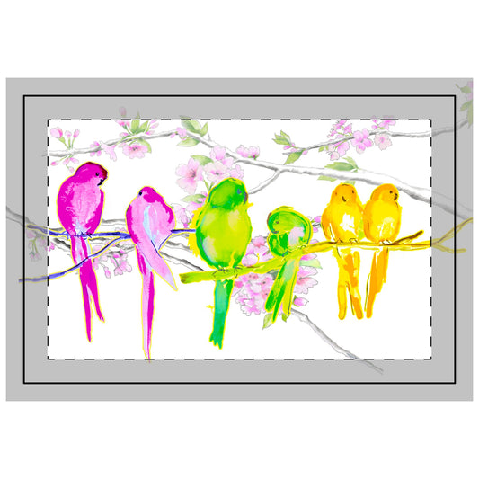 Blossoms & Birds in Pink, Aqua, Green ,Quilted Placemat, Poly , Background Bright White, # 4 Right Side of Table