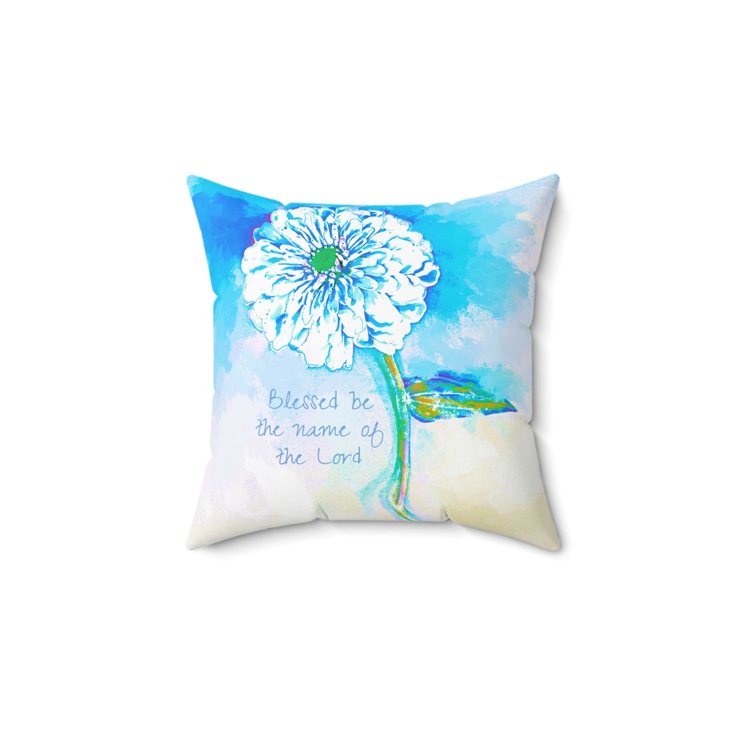 Zinnia Quiet Reflection Spun Polyester Square Pillow in Blue "Blessed be the name of the Lord"