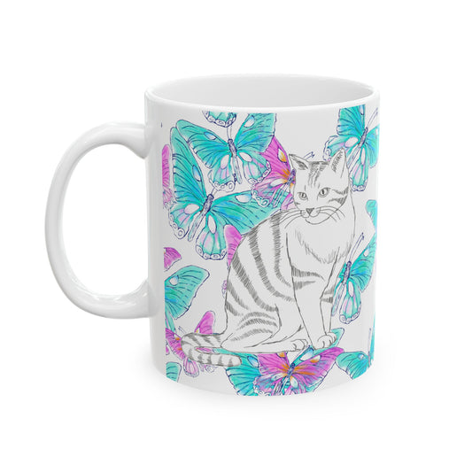 Kitty Flutter Ceramic Mug, Pink/Aqua, (11oz, 15oz)