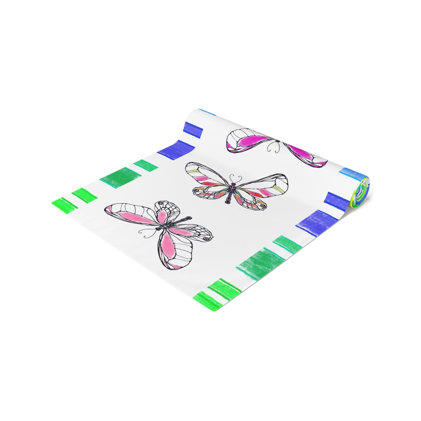 Butterfly Flutterstripe Table Runner in Multi-color With Blue/Green Border 1 size ( 16" × 90")  (available in Cotton (Creamier) & Polyester (Whiter)