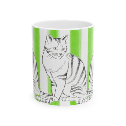 Kitty Fun Mug with Light Green Stripes