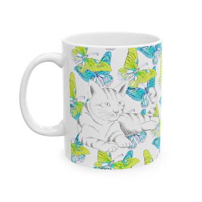 Kitty Flutter Ceramic Mug, Aqua/Lime, (11oz, 15oz)