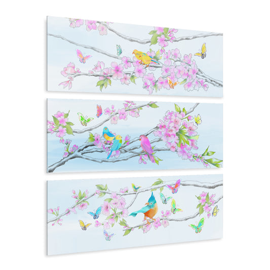 Cherry Chirp Acrylic Prints (Triptych), 6 Birds and Butterflies