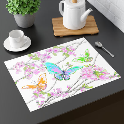 Butterfly Blossom Whirl Cotton Placemat, 1pc Blue , Background Fabric Creamier White,#7