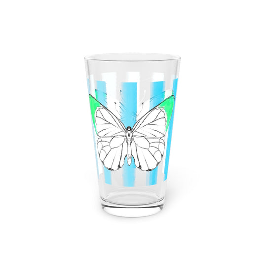 Butterfly Chroma Pint Glass in Green with Bright Blue Stripes, 16oz