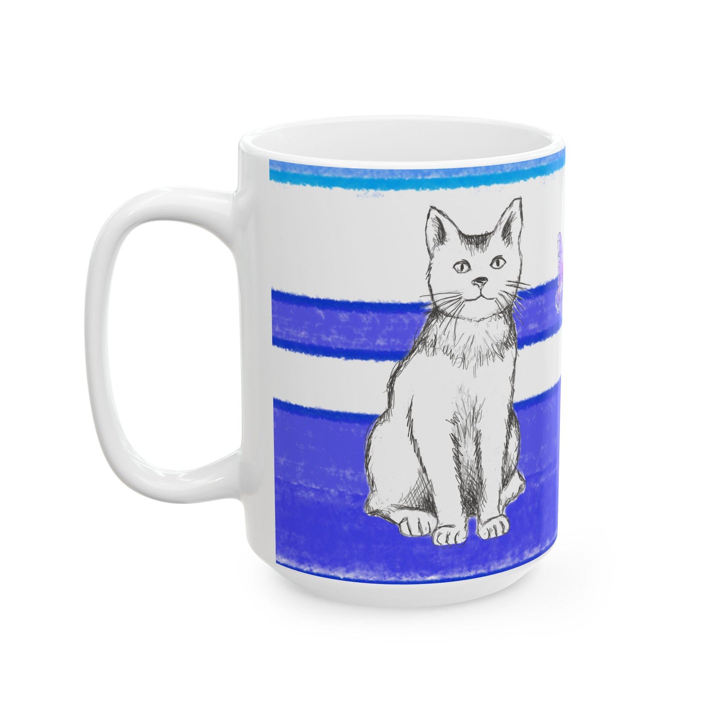 Mega Stripe Kitty Butterfly Flutter Ceramic Mug Ultramarine