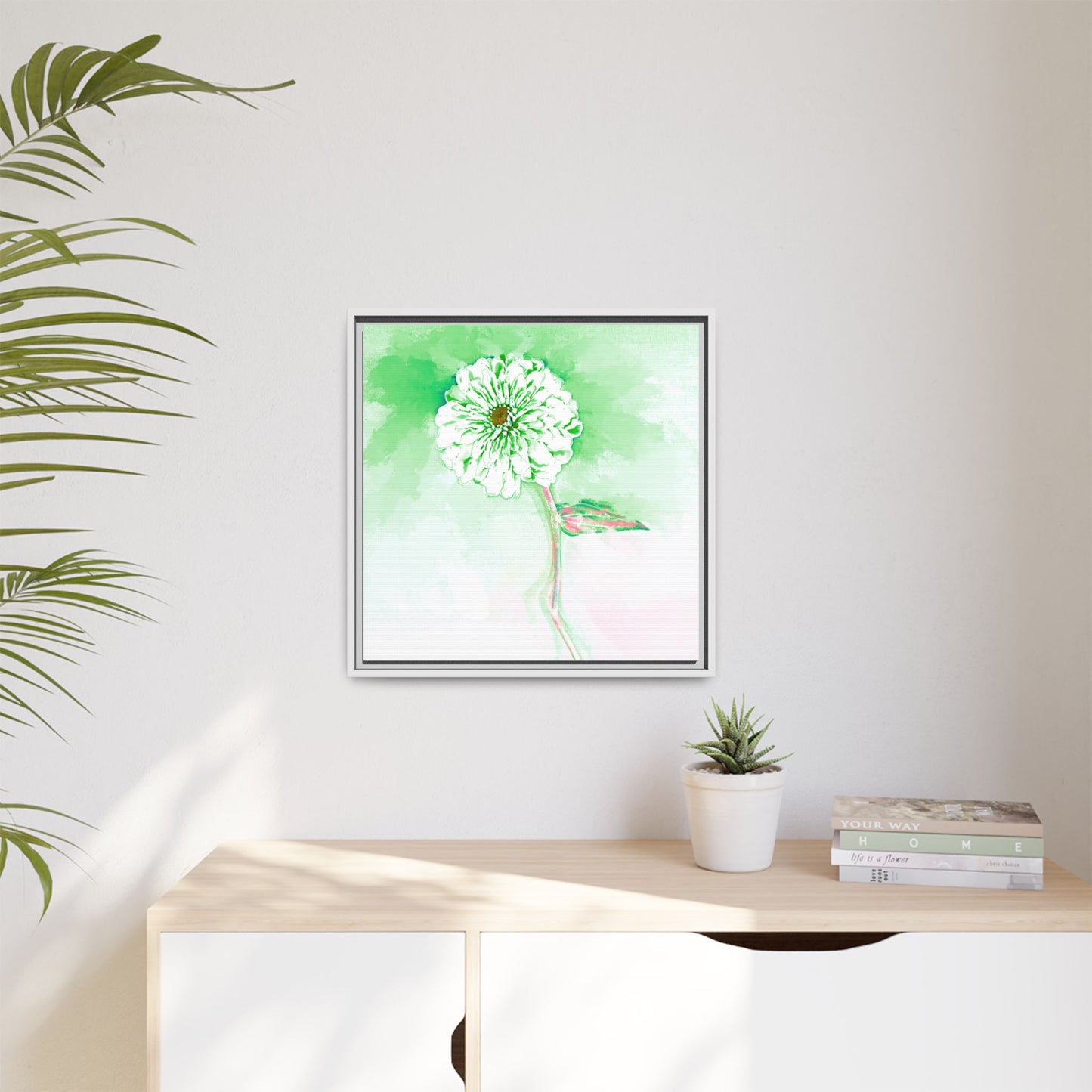 Zinnia Color Splash Matte Canvas Soft Green Framed