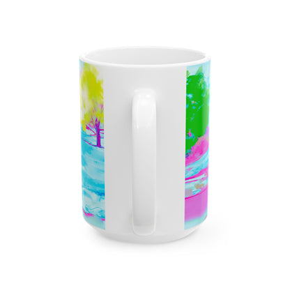 Inspirational Landscapes Ceramic Mug in Yellow, Green, and Blue, "A heart in God's hand need not sigh", 11oz, 15oz.
