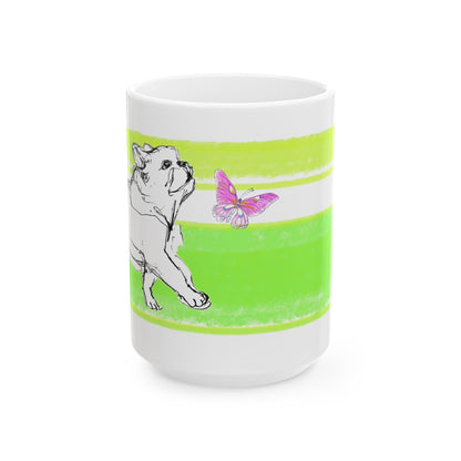 Mega Stripe Dogi Butterfly Flutter Ceramic Mug, (11oz, 15oz) Yellow Green Bulldog