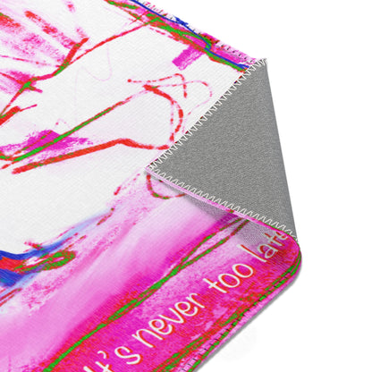 Inspirational Landscapes Indoor Rug in Red, "It's never too late" Pink, and Yellow