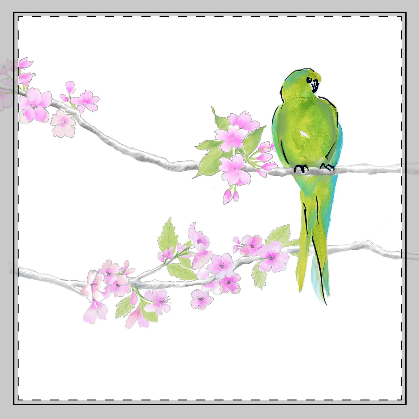 Blossoms & Birds Cotton Twill Napkin Green, Background Fabric Creamy White