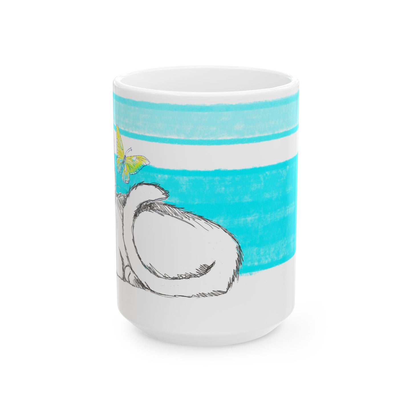 Mega Stripe Kitty Butterfly Flutter Ceramic Mug Aqua