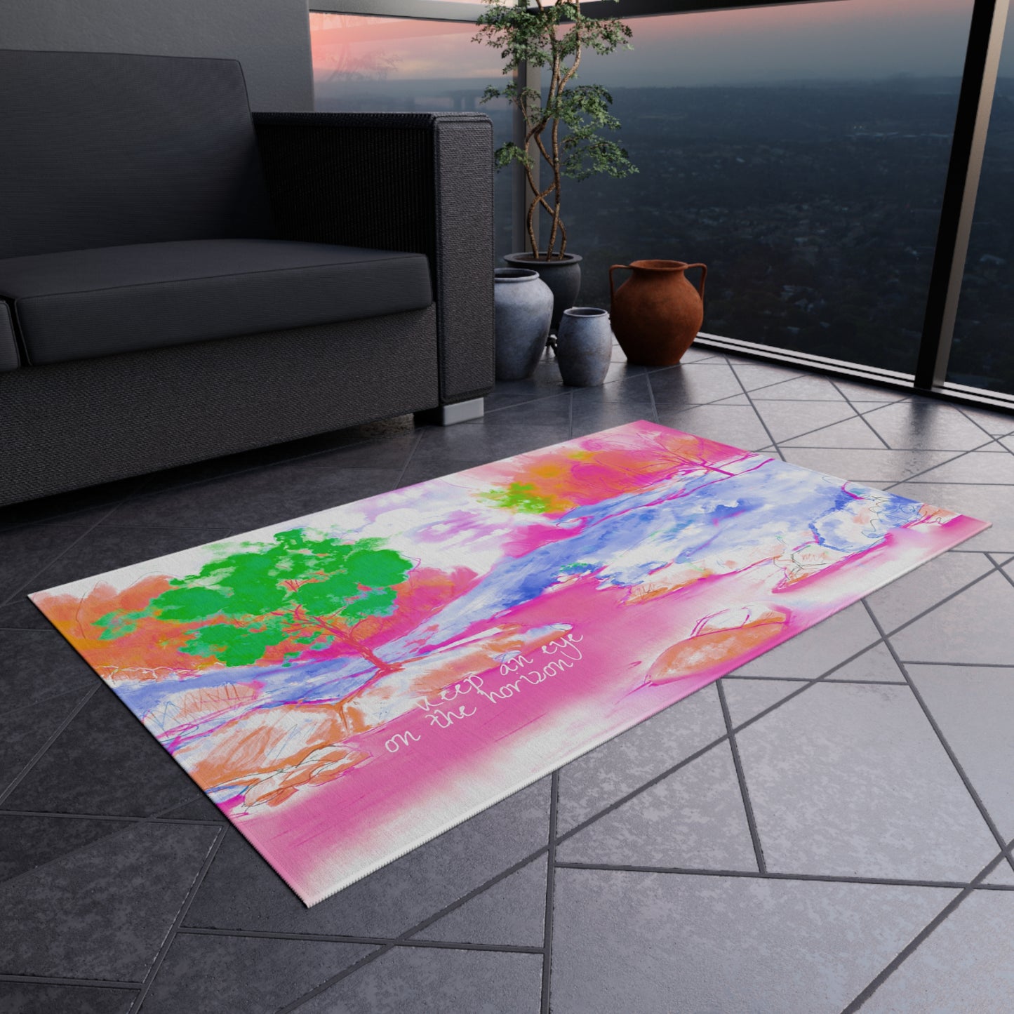 Inspirational Landscapes Indoor/Outdoor Area Rug, "Keep an eye on the horizon", Raspberry, Blue, and Green Non-slip