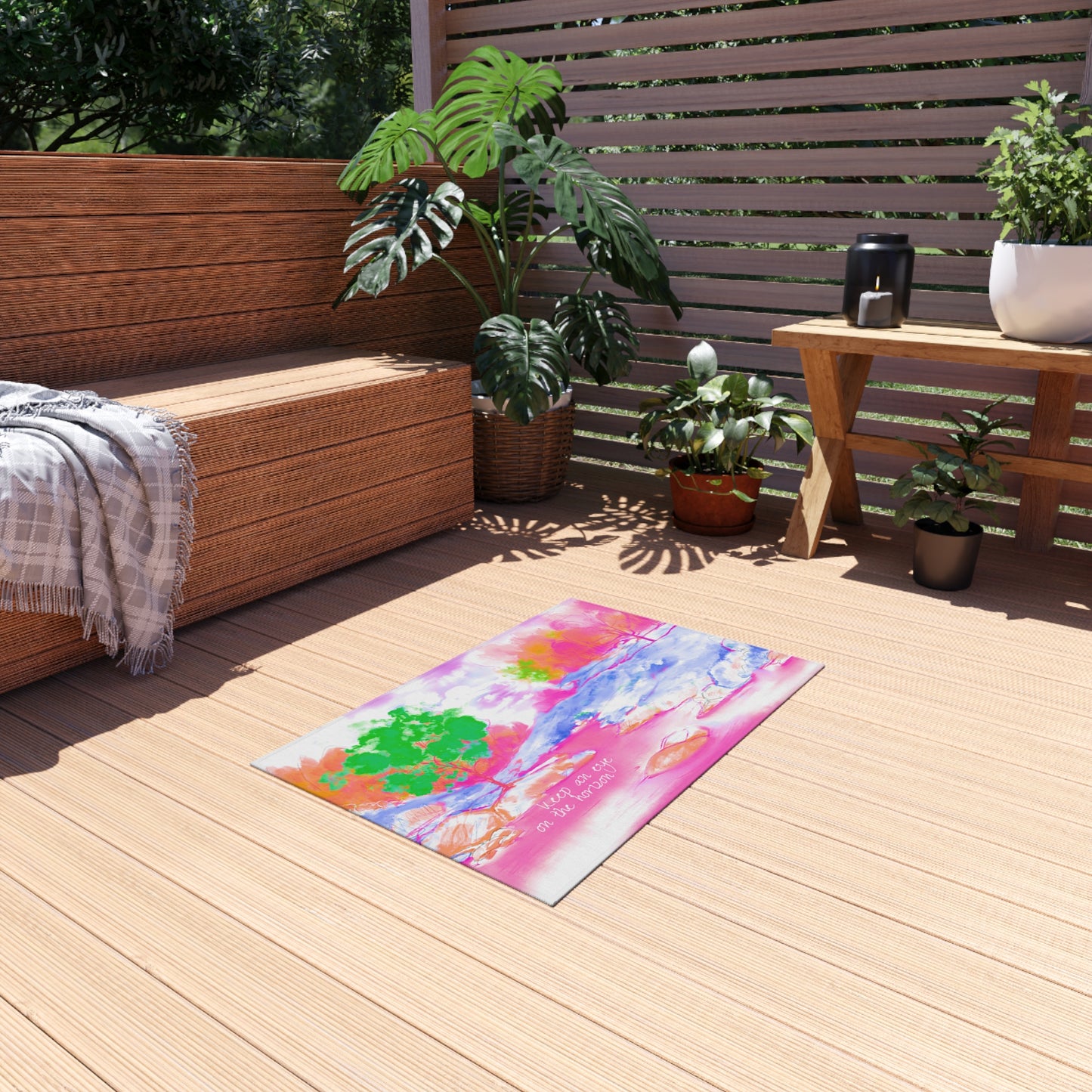 Inspirational Landscapes Indoor/Outdoor Area Rug, "Keep an eye on the horizon", Raspberry, Blue, and Green Non-slip