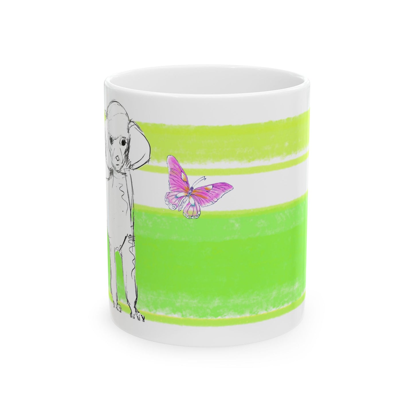 Mega Stripe Dogi Butterfly Flutter Ceramic Mug, (11oz, 15oz) Yellow Green Poodle