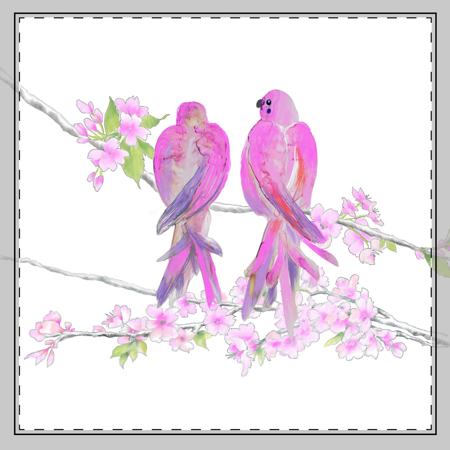 Blossoms & Birds Cotton Twill Napkin Raspberry, Background Fabric Creamy White