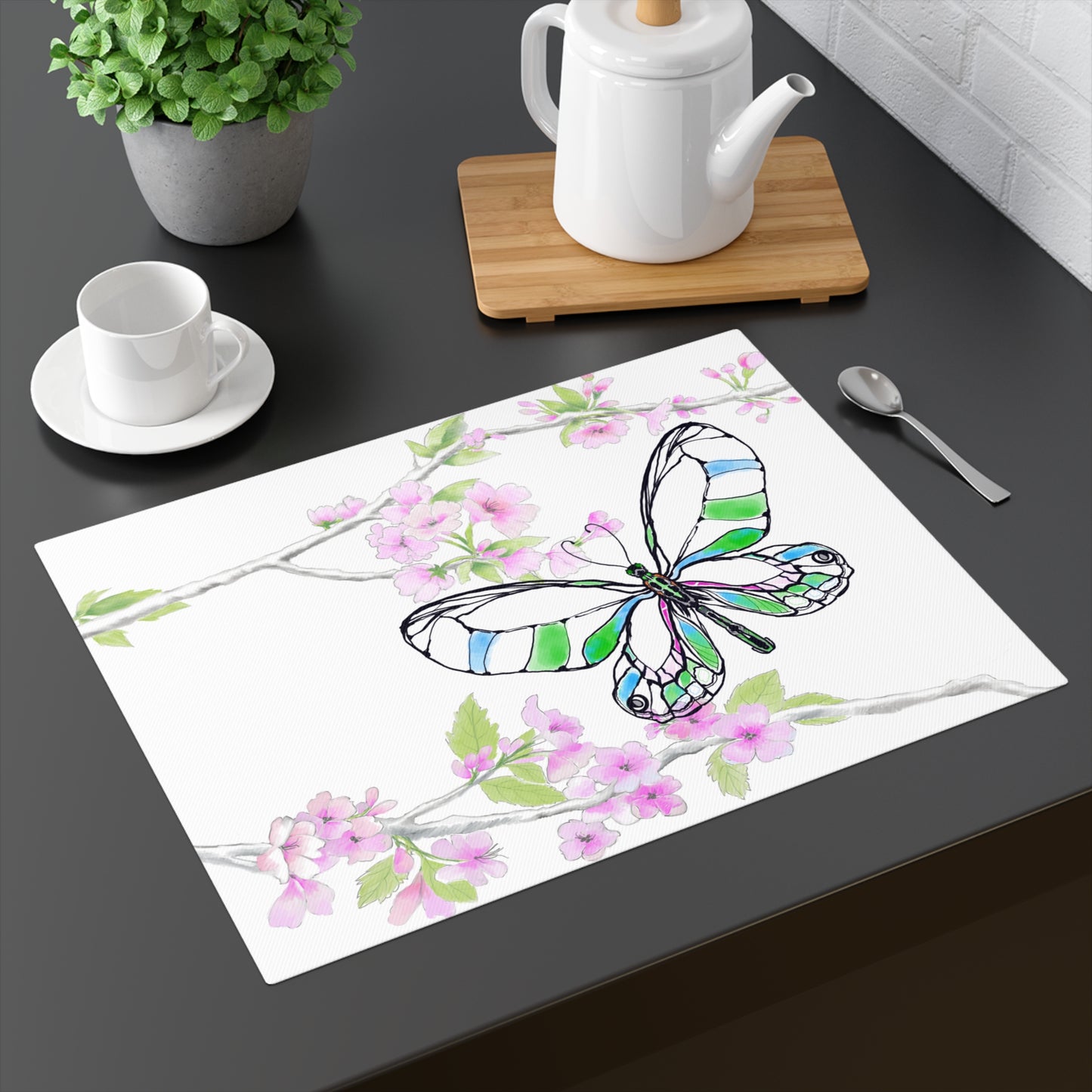 Butterfly Blossom Romp Cotton Twill Placemat, 1pc Green #8 Left side of table