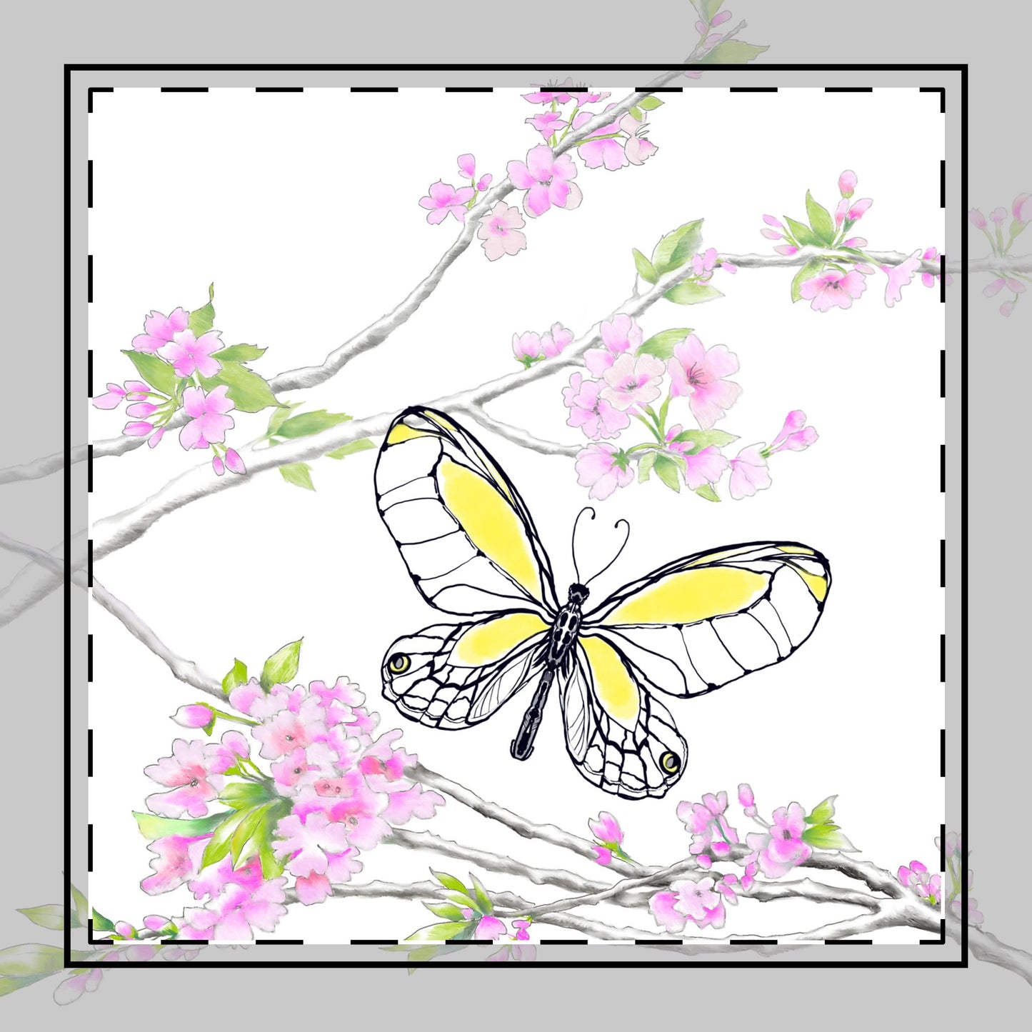 Butterfly Blossom Romp Cotton Twill Napkin ,Yellow, Fabric Background Creamy White, #10