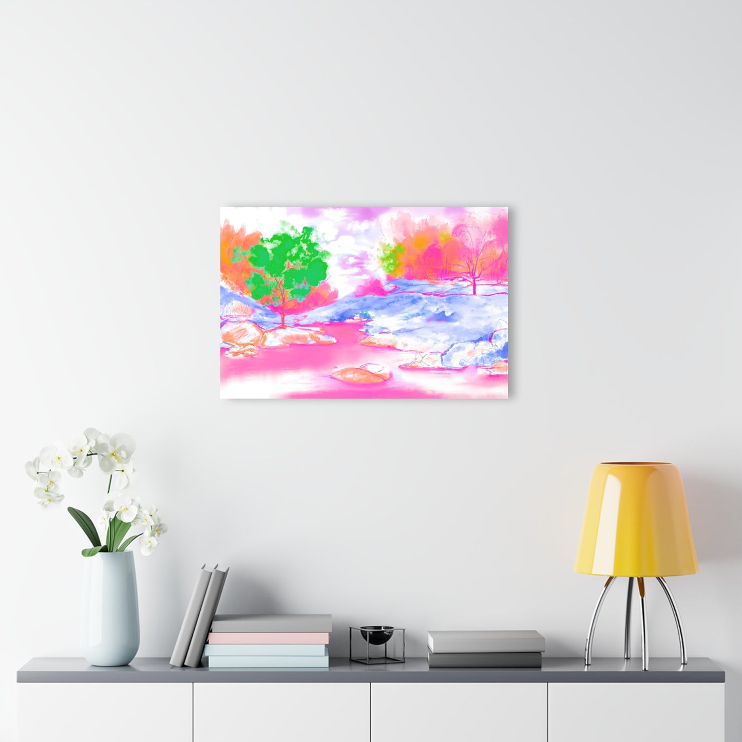 Joyful Landscapes Acrylic Print in Raspberry and Green (French Cleat Hanging)