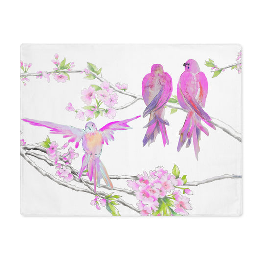 Blossoms & Birds In Pink Placemat, 1pc (18" × 14"), Cotton, Creamy White Background, #5 Right Side of Table
