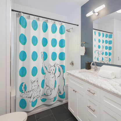 Kitty Fun Shower Curtains Aqua Polka Dots