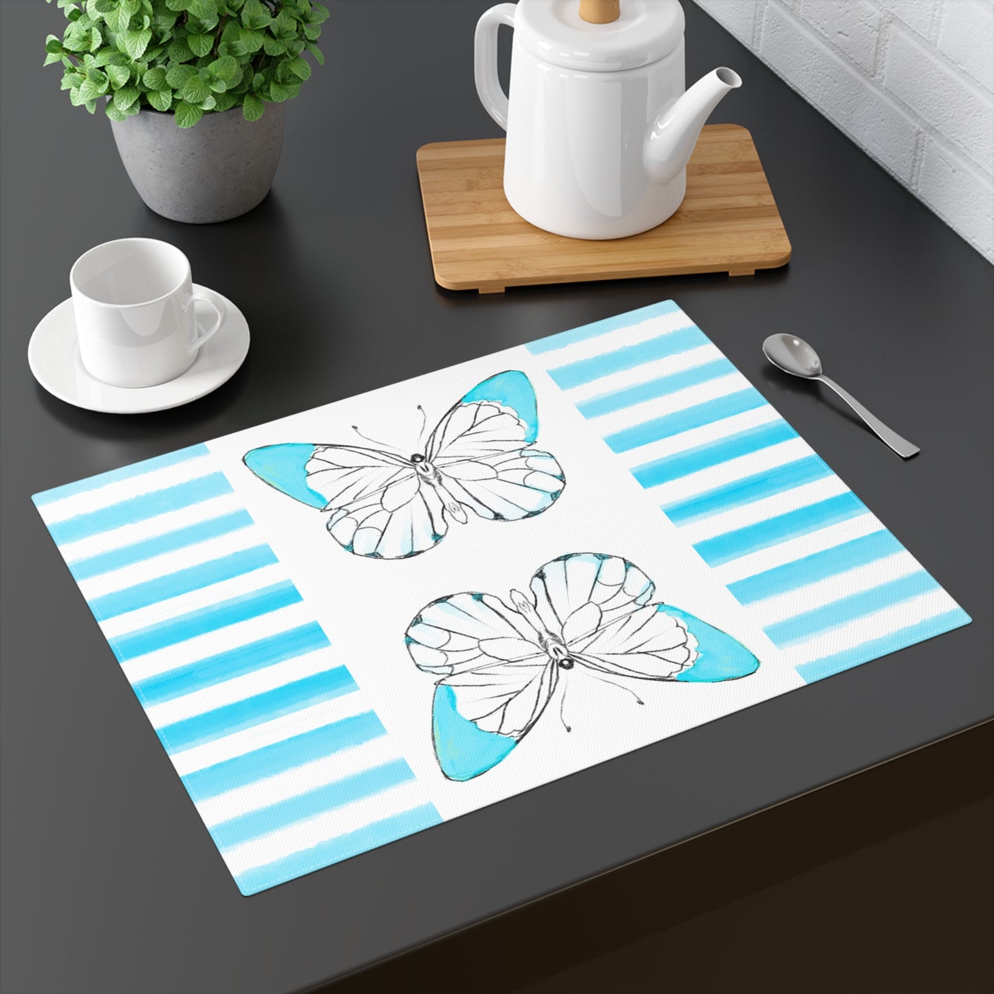 Butterfly Chroma Stripe Placemat, 1pc, Aqua, Cotton, ( Fabric Background Creamy White)