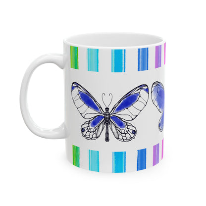 Butterfly Rainbow Stripe Ceramic Mug in Royal Blue with Multi-color Striped Border, (Available in 2 sizes 11oz and 15oz)