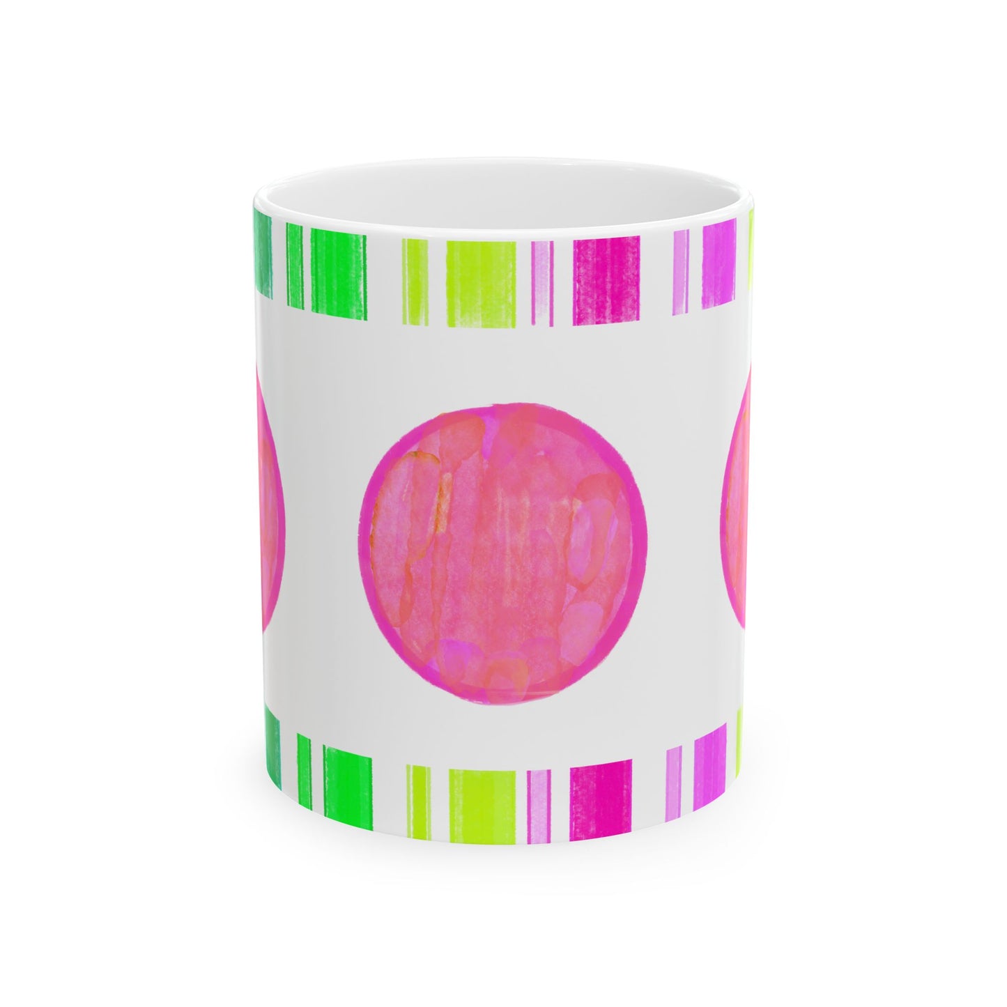 Mega Dot & Stripes border Coral Ceramic Mug, (11oz, 15oz)