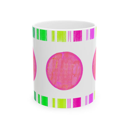 Mega Dot & Stripes border Coral Ceramic Mug, (11oz, 15oz)