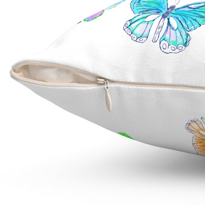 Dancing Tulips Butterflies Spun Polyester Square Pillow. Multi-Color Butterflies, Raspberry Tulip