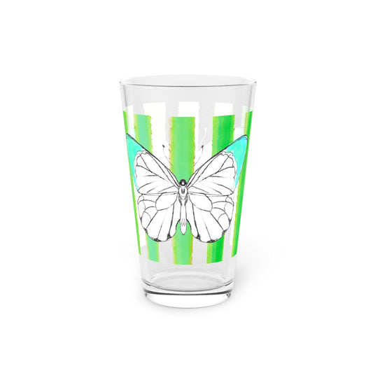 Butterfly Chroma Pint Glass in Bright Aqua with Dark Green Stripes