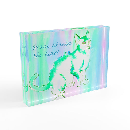 Kitty Fun and Wisdom Acrylic Art Block in Green and Blue "Grace changes the heart"